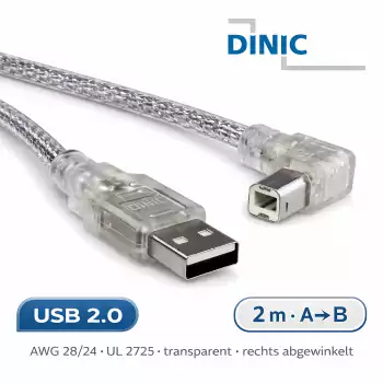 USB 2.0 kabelis A į B, dešiniuoju kampu, skaidrus, AWG 28/24, 2,00 m